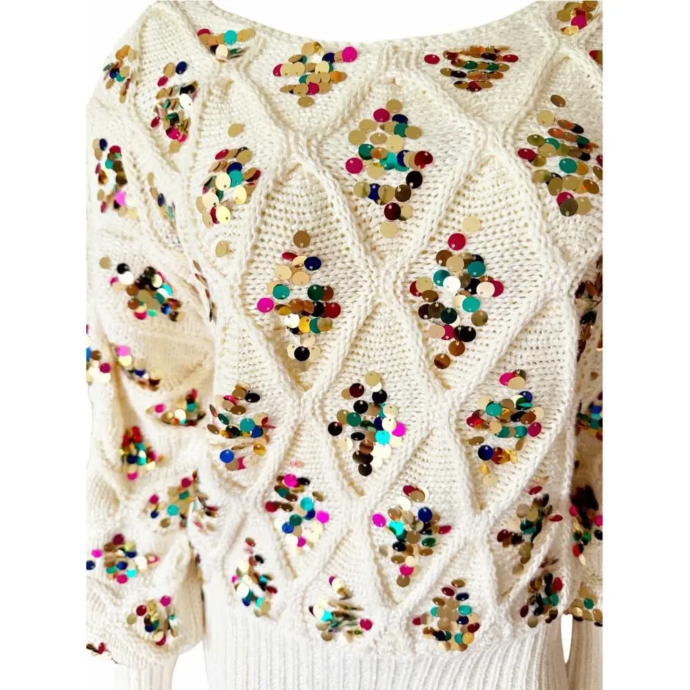 Anthropologie Lara Sequined Sweater Cream Multicolor Party New Years NWT Small